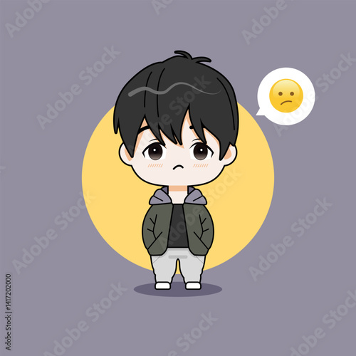 Adorable chibi in a jacket, pouting cutely with a grumpy face. kawaii and playful anime-style illustration