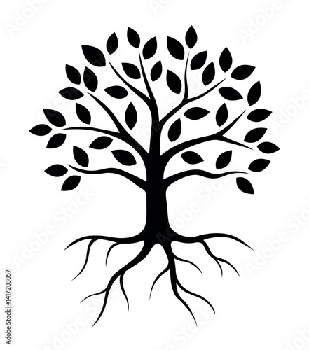 Vector black elegant simple tree illustration with crown and roots isolated on white background