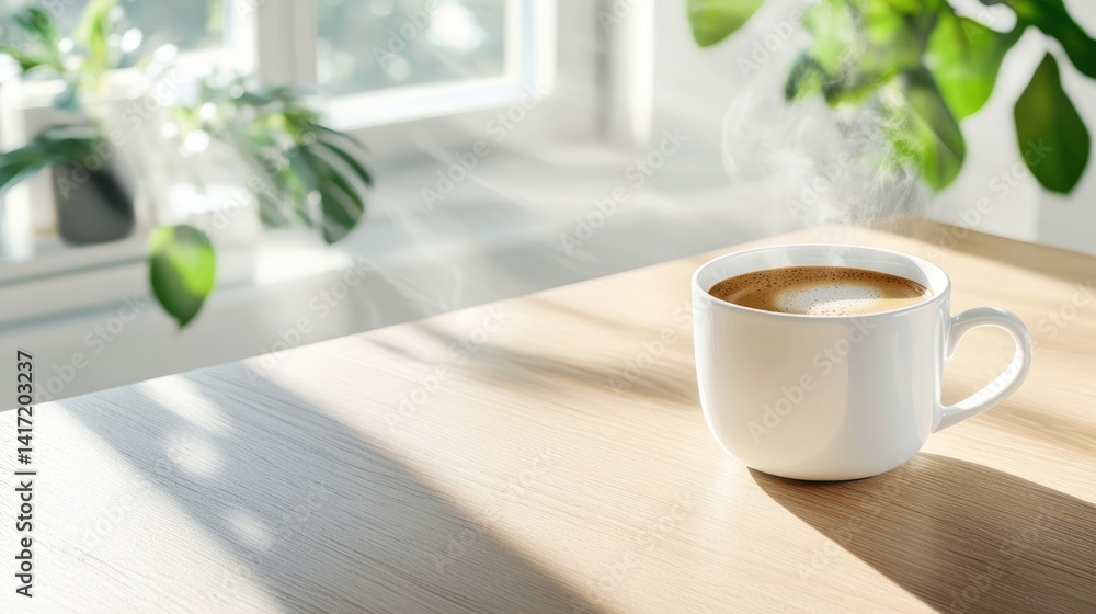 Obraz premium Freshly brewed coffee closeup on wooden table bright room natural light cozy vibes