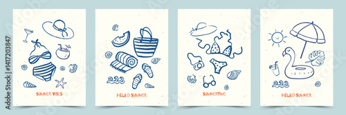 Summer poster set with trendy hand drawn beach and vacation doodle elements. Vector sketchy line art for wall decor, postcard, cover, sale, discount, social media ads, promo.