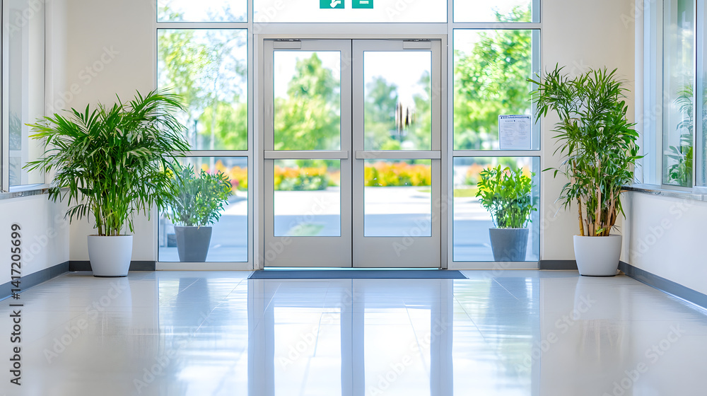 Fototapeta premium Calm office corridor with blurred doorway modern building indoor scene professional environment