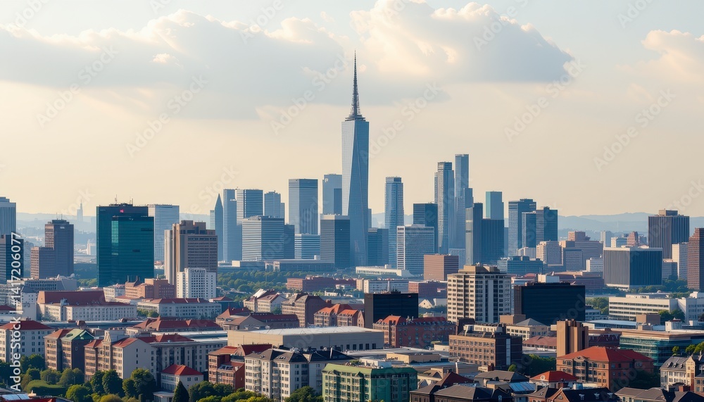 Obraz premium City Skyline Panorama A High Angle View of Urban Structures on a Partly Cloudy Day