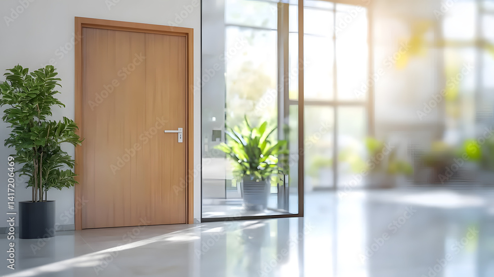 Fototapeta premium Blurry office interior with open doorway modern workspace bright environment welcoming concept