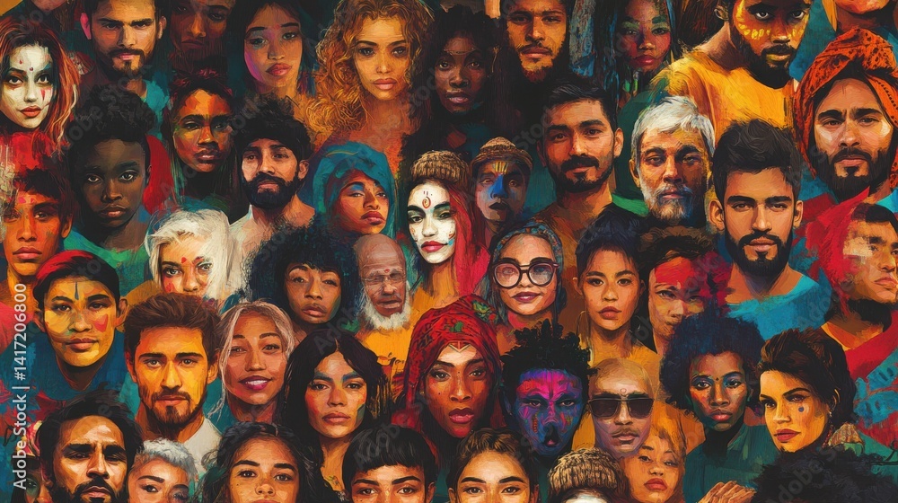 Obraz premium Colorful diverse people crowd abstract art seamless pattern. Multi-ethnic community, big cultural diversity group background illustration in modern collage painting style.