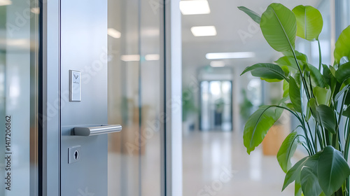 Modern office entrance with blurred interior and door bright environment professional atmosphere