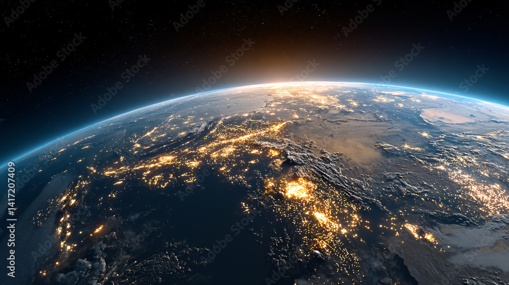 Fototapeta premium Earth from Space with Glowing City Lights