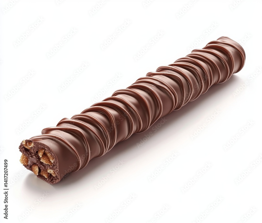 A 3D illustration shows a wafer covered with chocolate, isolated on a white background, incorporating a clipping path, in the form of a chocolate bar