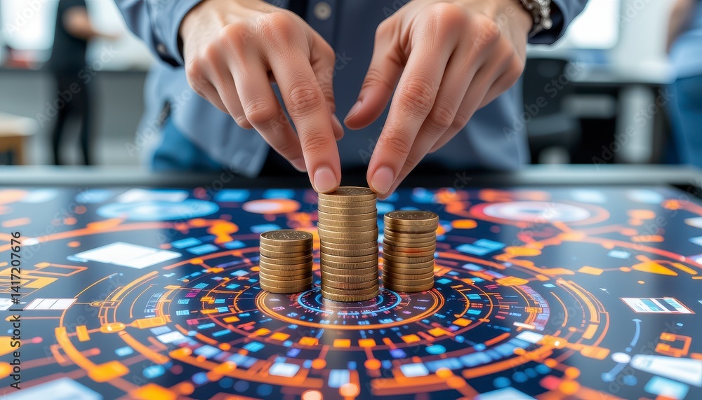 Naklejka premium Hands Arranging Gold Coins On A Futuristic Display