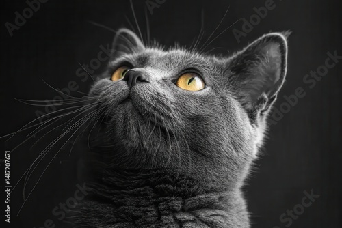 Grey cat with amber eyes looks up against dark background. Ideal for pet blog, article about animals, or advertisement.