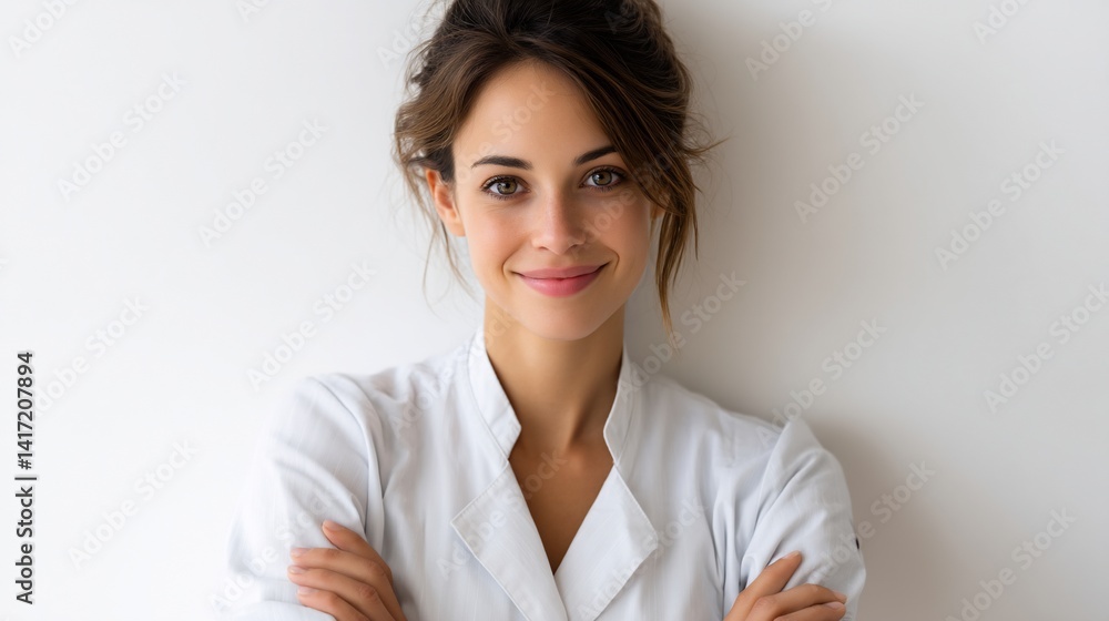 Smiling woman in white uniform with crossed arms against a white background Smiling woman in white uniform with crossed arms against a white background