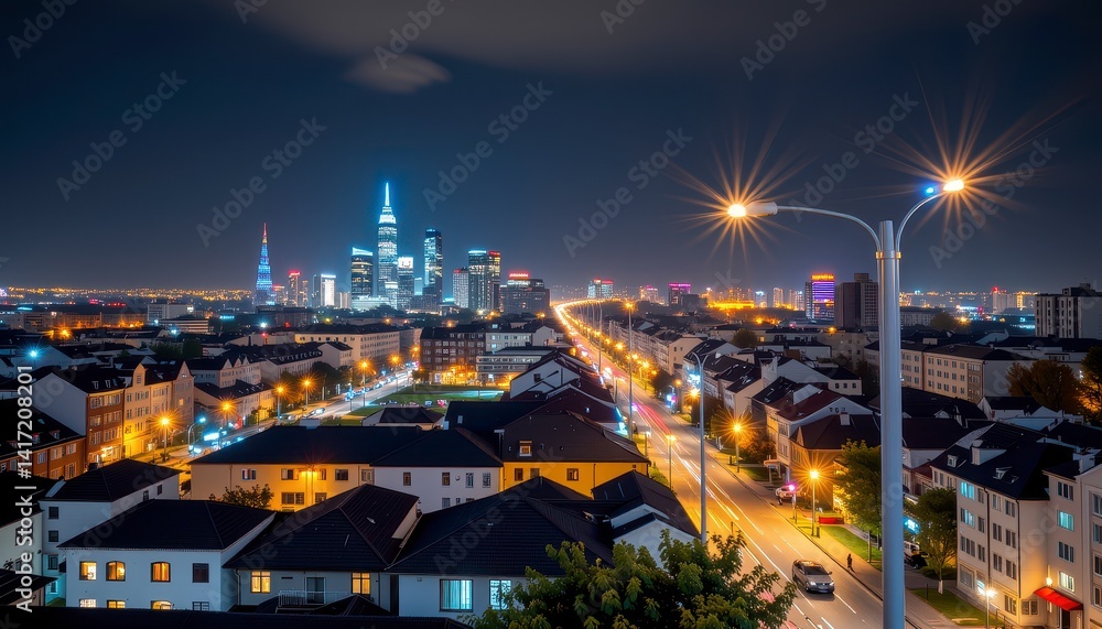 Fototapeta premium Night Cityscape Illuminated Structures and Street Lights
