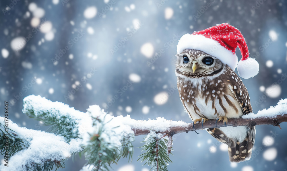 Owl wearing Santa hat perched on snowy branch in winter wonderland, festive holiday spirit, snowflakes falling, serene nature scene. Owl wearing Santa hat perched on snowy branch in winter wonderland, festive holiday spirit, snowflakes falling, serene nature scene.