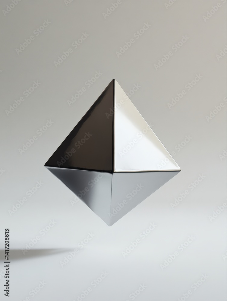 Fototapeta premium Futuristic Silver Tetrahedron Levitating in High-Tech Studio with Platinum Lighting and Sci-Fi Aesthetic, Selective Focus, Copy Space