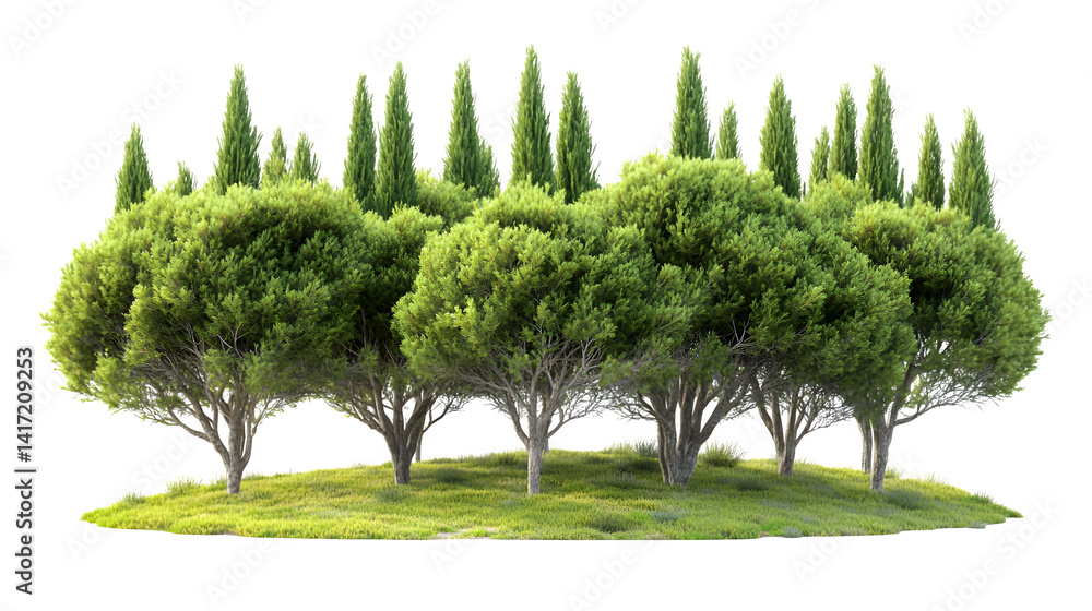 Obraz premium Green cypress tree tall narrow, high-definition, realistic look, isolated on white background