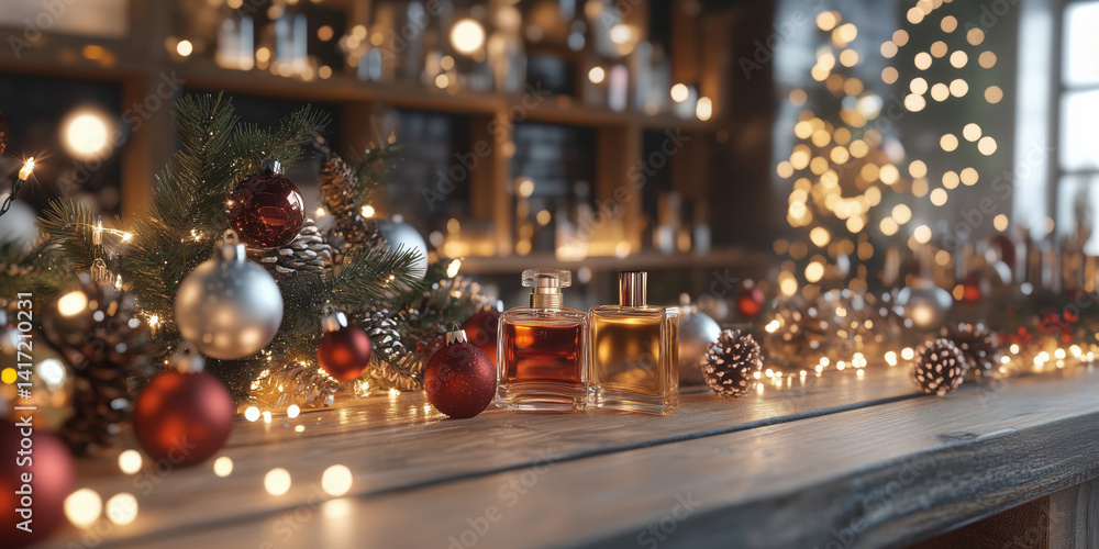 Christmas-themed perfume display with festive decorations, sparkling lights, and holiday ambiance. Christmas-themed perfume display with festive decorations, sparkling lights, and holiday ambiance.