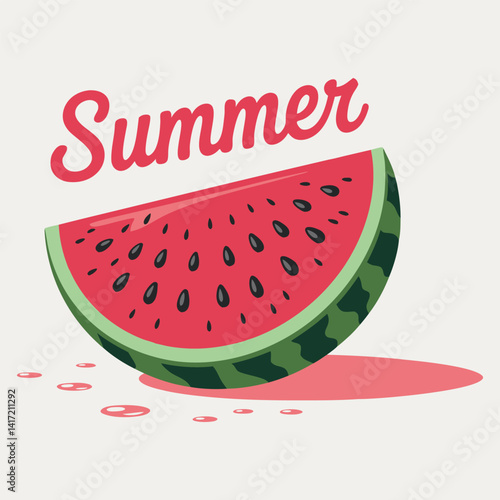 A vibrant, stylized illustration of a watermelon slice with black seeds on a light gray background and a soft, light pinkish red shadow