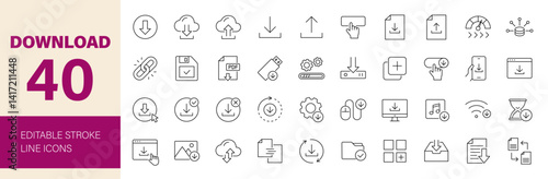 Download icon set. Containing upload, document, arrow, link, folder, download file, data, PDF, cloud storage, web, button and more. Editable line icons. Vector illustration.