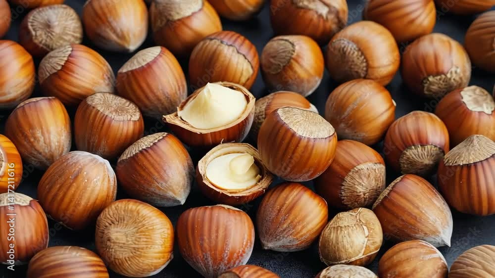 Overhead Arrangement of Whole Hazelnuts and Cracked Open Hazelnuts on Dark Surface, Ready to Eat Overhead Arrangement of Whole Hazelnuts and Cracked Open Hazelnuts on Dark Surface, Ready to Eat