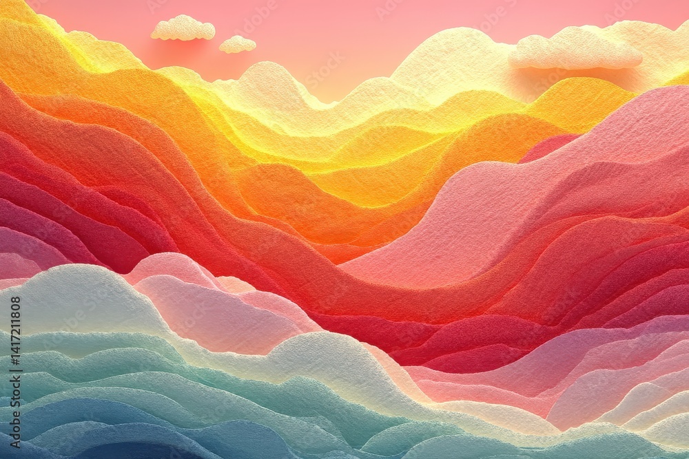 Fototapeta premium Colorful layers form hilly landscapes under a dreamy sky with clouds