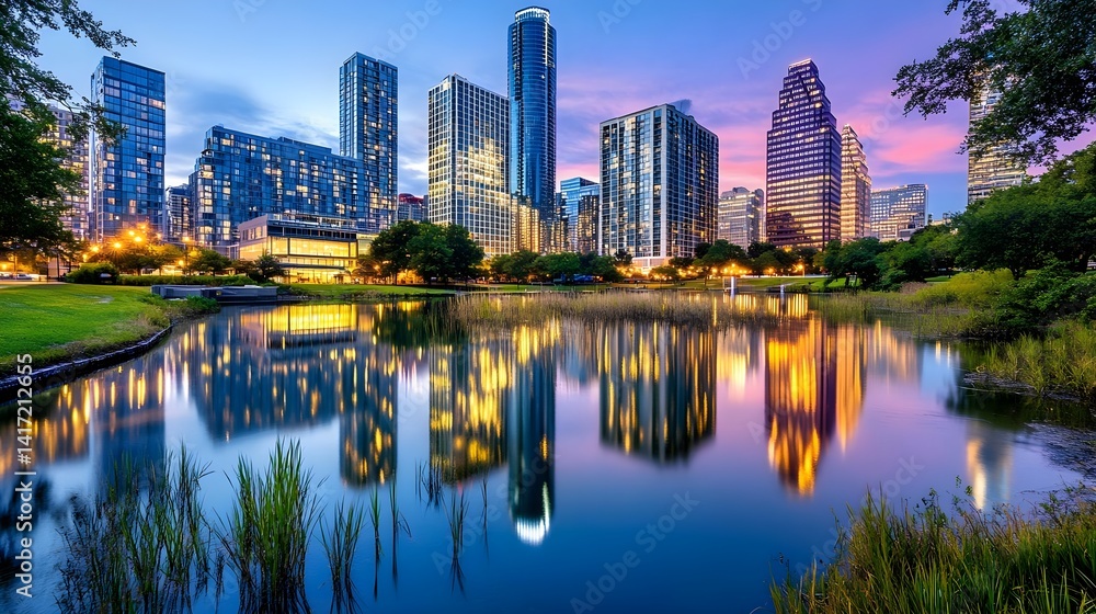 Naklejka premium Austin Skyline Reflection, Twilight Cityscape - Cityscapes at dusk/.