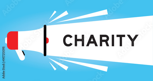 Color megaphone icon with word charity in white banner on blue background