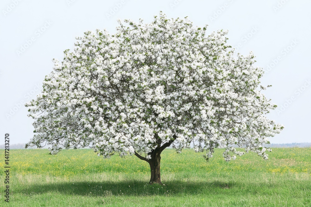 A flowering tree stands in a field of green grass. Perfect for nature, spring, and botanical themes. A flowering tree stands in a field of green grass. Perfect for nature, spring, and botanical themes.