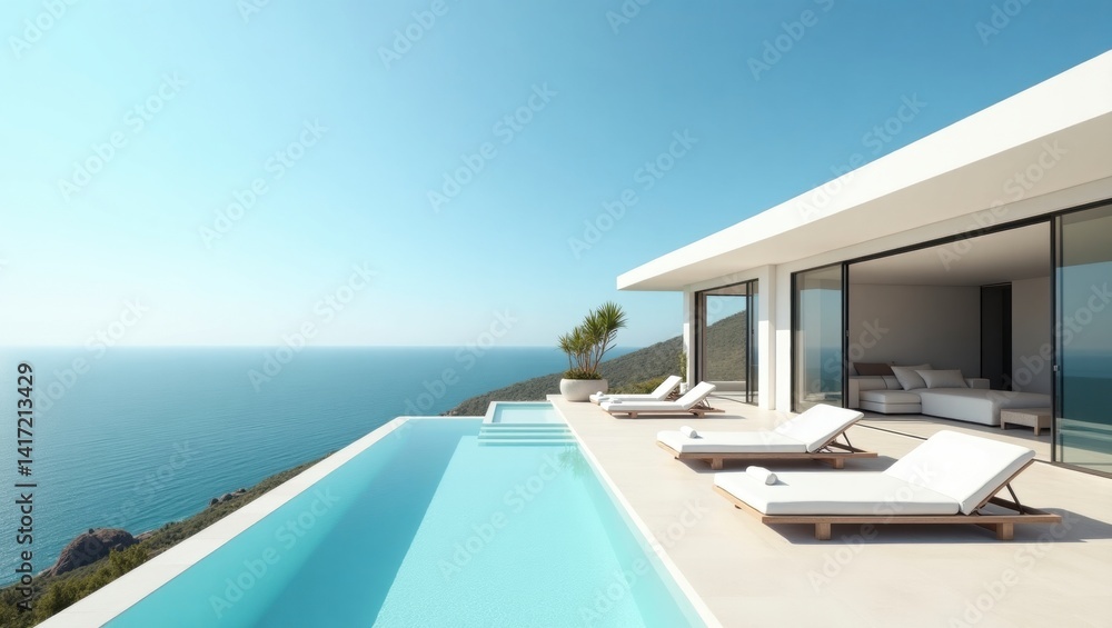 Fototapeta premium Inviting pool area with spectacular ocean view surrounded by lush greenery and a beautiful sky creating a relaxing scene
