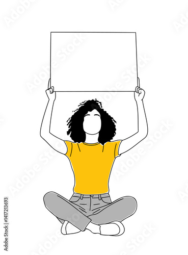 Young business woman sitting on the floor, holding blank placard above her head. Advertising and marketing concept sketch style outline hand drawn illustration isolated on transparent background.