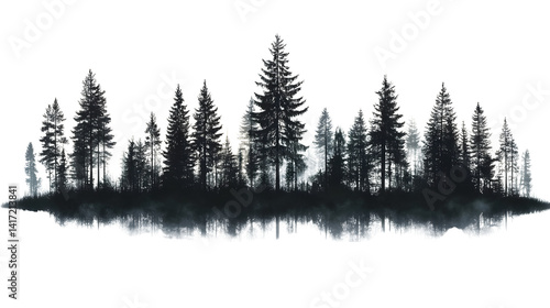 Fototapeta Naklejka Na Ścianę i Meble -  forest treeline silhouette isolated on white background, high-definition, realistic look