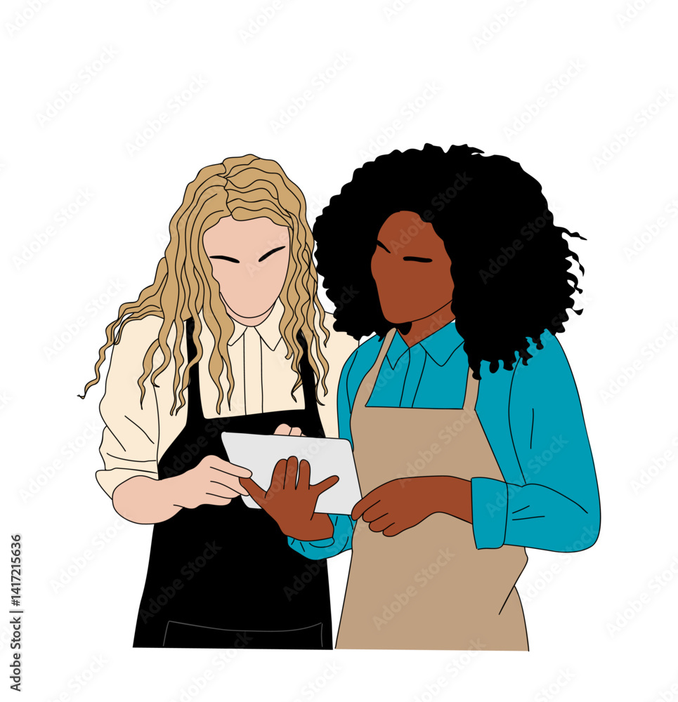 Two young women, waitresses, small business owners working on digital tablet. Outline colored vector sketch drawing isolated on white background. Two young women, waitresses, small business owners working on digital tablet. Outline colored vector sketch drawing isolated on white background.