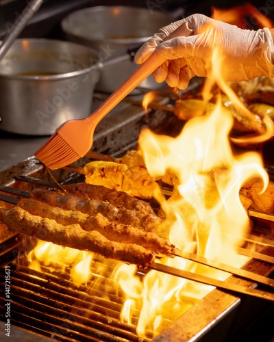 Grilling flame-kissed kebabs busy restaurant kitchen food photography dynamic atmosphere close-up view culinary artistry