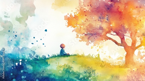 Colorful child sits under autumn tree