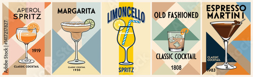 Cocktails retro poster set. Aperol Spritz, Margarita, Limoncello, Old Fashion. Collection of popular alcohol drinks. Vintage flat vector illustrations for bar, pub, restaurant, kitchen wall art print.