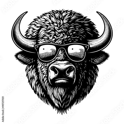 Bison wear sunglasses portrait sketch engraving black and white outline. Scratch board imitation.  illustrated in vintage line art style on a white background.