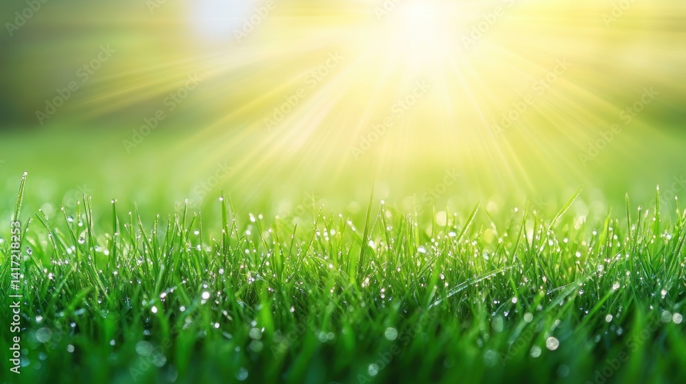 Fototapeta premium Morning Dew on Lush Green Grass: A Serene Sunrise