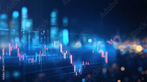 Digital financial chart shows upward and downward trends with city lights background, blue and orange hues