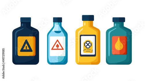 Four Colorful Bottles with Hazard Symbols on White Background