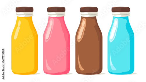 Four Colorful Glass Bottles with Drinks on White Background