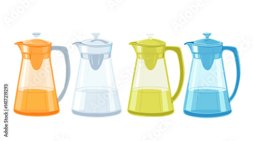 Four Colorful Glass Pitchers on White Background