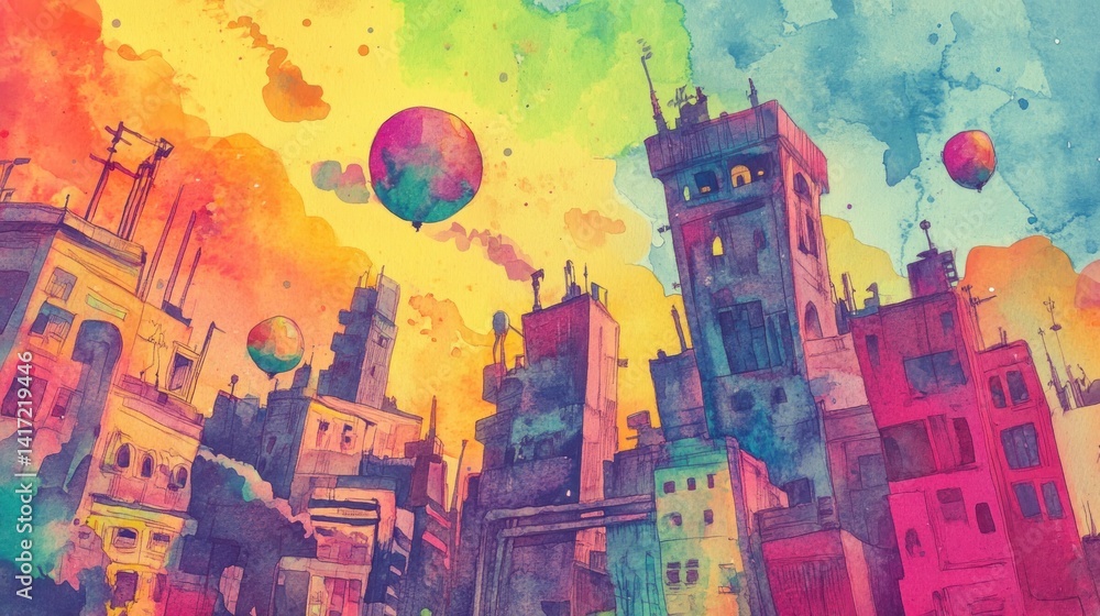Colorful, fantastical cityscape with vibrant buildings and floating balloons Colorful, fantastical cityscape with vibrant buildings and floating balloons