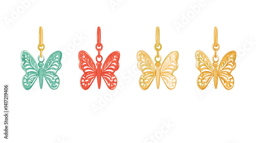 Four Colorful Metal Butterfly Charms Hanging Against White Background