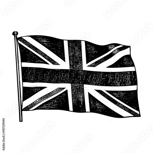 Union jack flag waving engraving sketch engraving black and white outline. Scratch board imitation.  illustrated in vintage line art style on a white background.