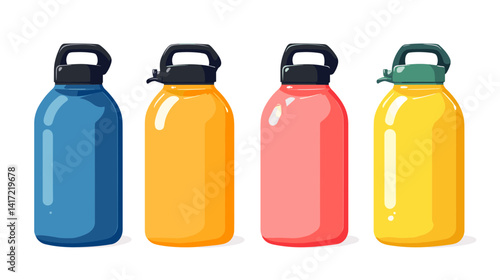 Four Colorful Water Bottles on White Background