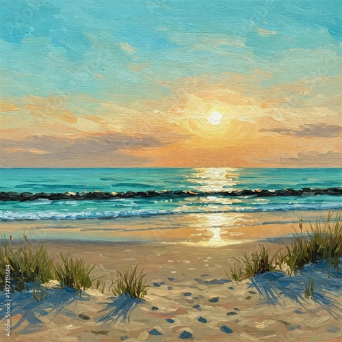 Serene beach scene painting capturing vibrant colors of sun, ocean waves, and tranquil sands