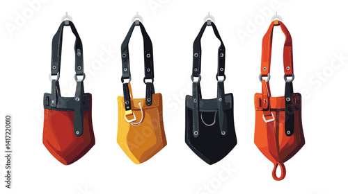 Four Leather Bags Hanging Display: Red, Yellow, Black and Brown