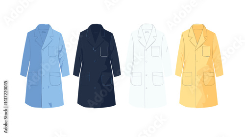 Four Long Coats in Blue, Navy, White, and Yellow