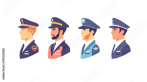 Four Male Pilots in Profile View Pixel Art Illustration
