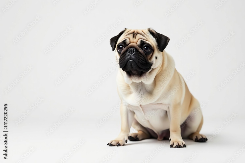 Obraz premium A lone pug, posed, against pure white backdrop, happy, fawn
