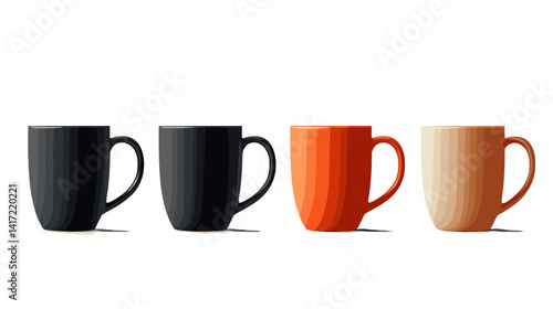 Four Mugs in Black, Dark, Orange and Beige on White Background