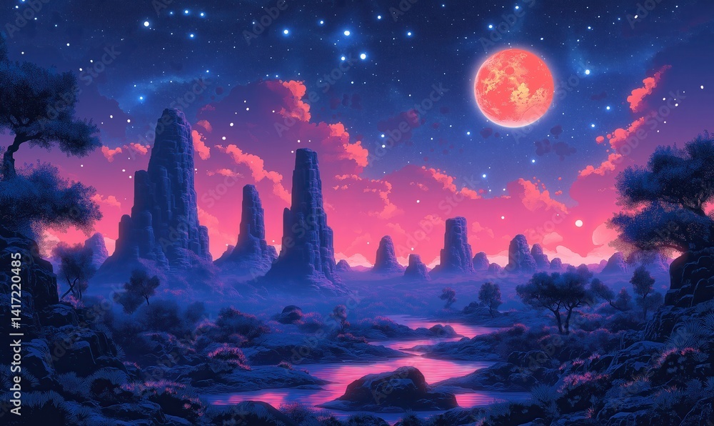 Naklejka premium Beautiful night landscape with mountains and full moon glow